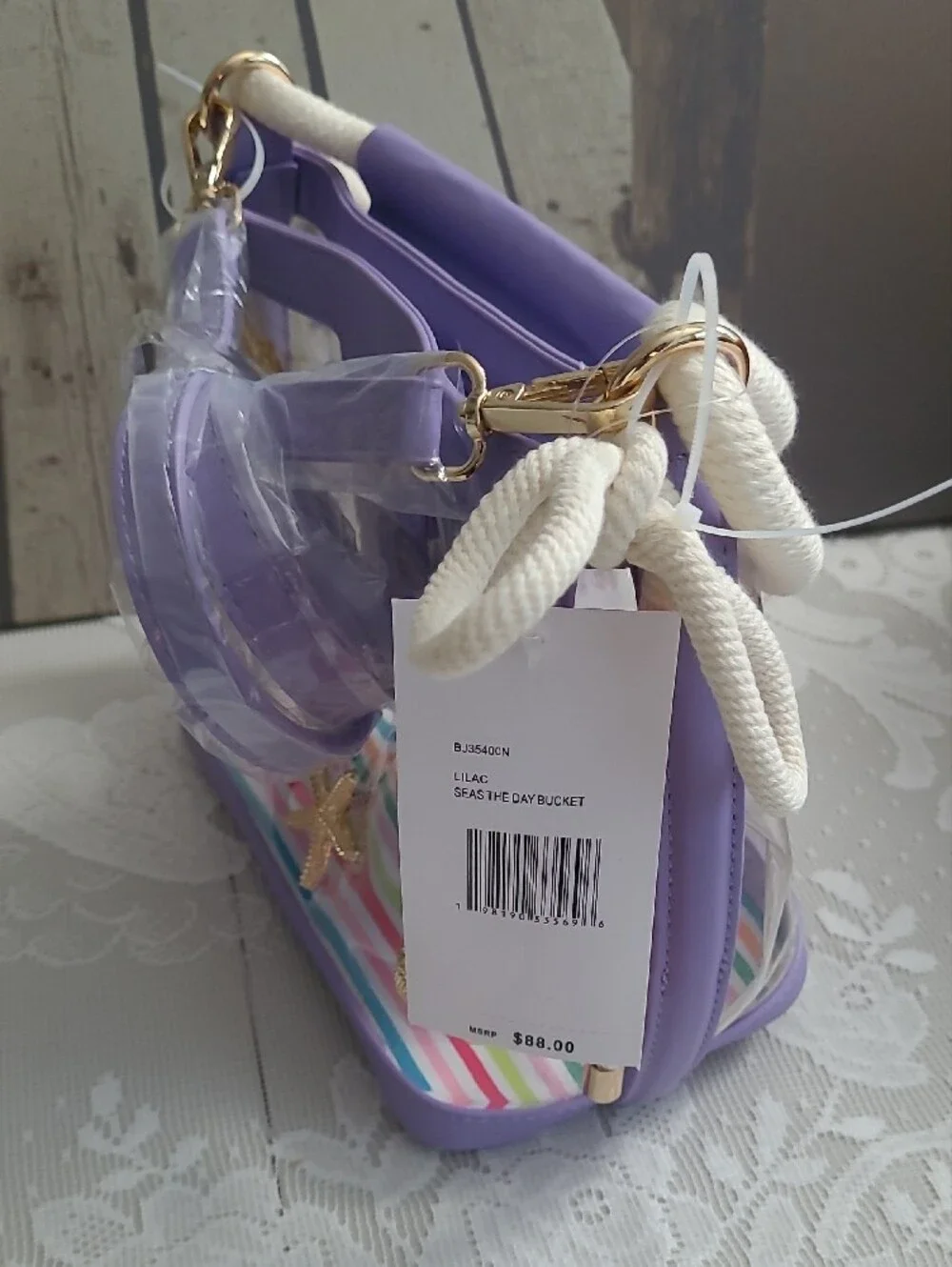 Women’s Clear Purple Beach Phone Case Crossbody with Gold Shell Accents